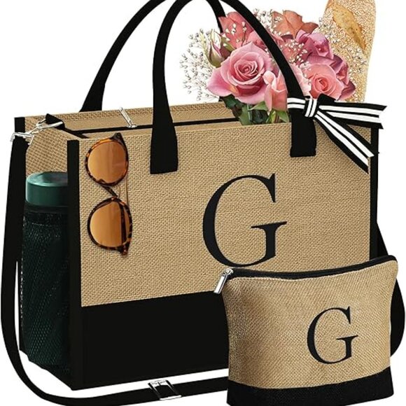 Initial Jute Tote Bag & Makeup Bag, Birthday Gifts for Women Her Mom Teacher - Picture 1 of 6